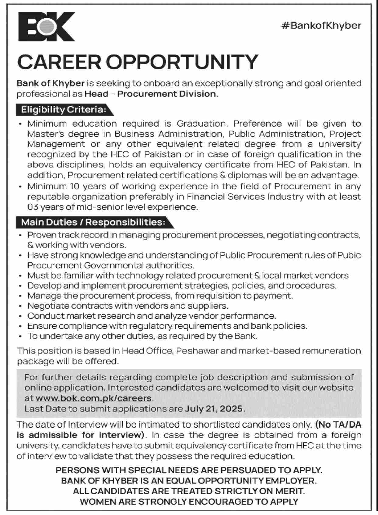 Jobs in Bank of Khyber Peshawar